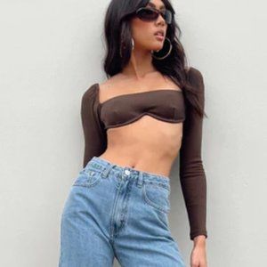 BROWN LONG SLEEVE CROP TOP